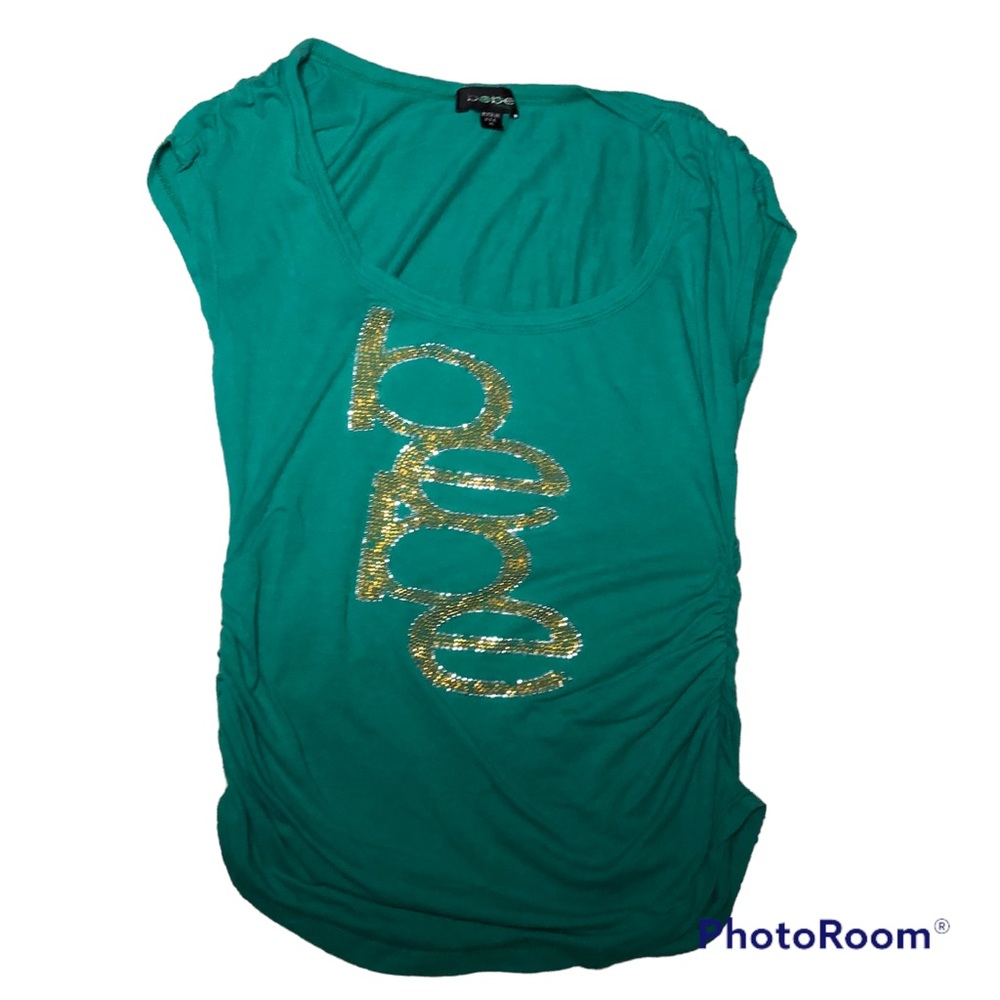 Y2K green bebe rhinestone top with ruching on sides size medium